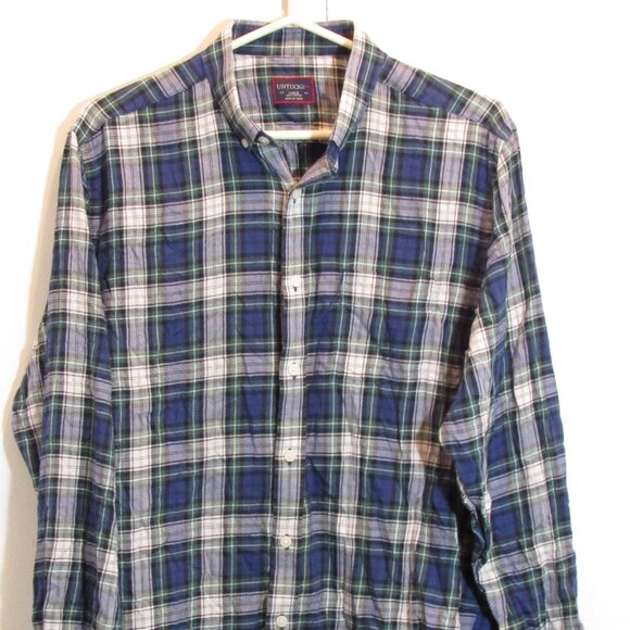 UNTUCKit Shirt Button Up Blue Grey Flannel Plaid Cotton Long Sleeves Sz. Large - Picture 2 of 10